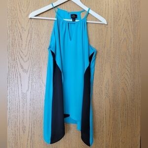 Worthington high neck keyhole teal and black block sleeveless waterfall blouse S